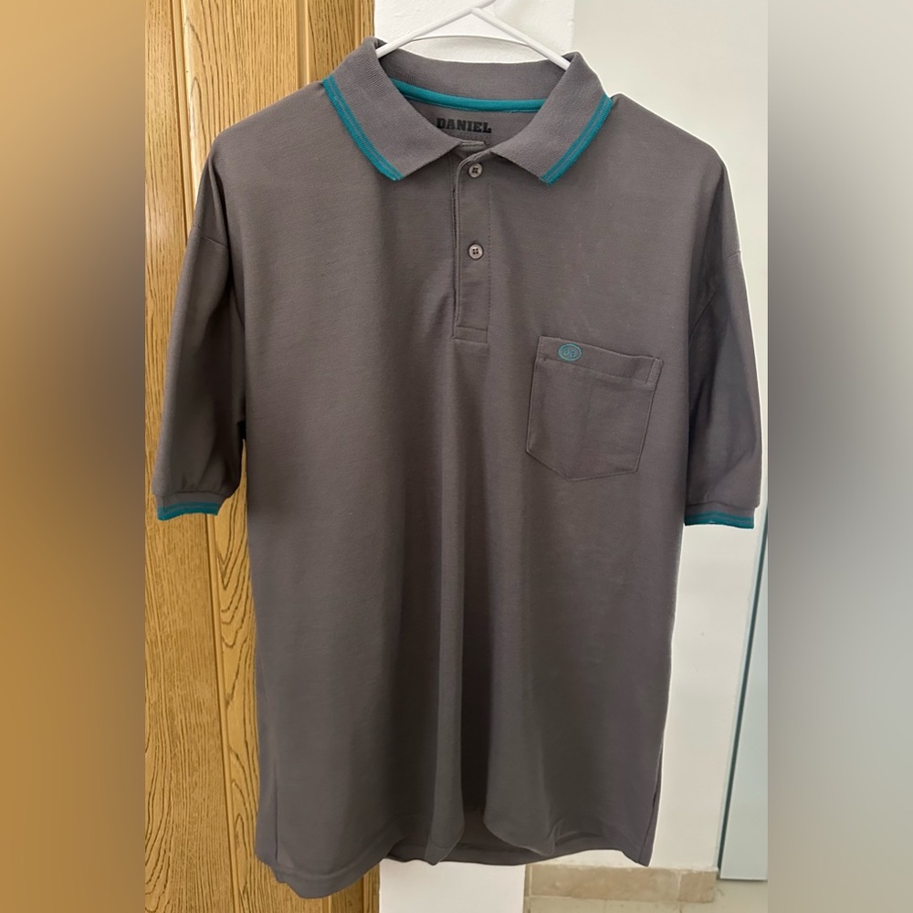 Men’s Polo Shirt Size Large – Gray with Teal Trim | Classic Casual